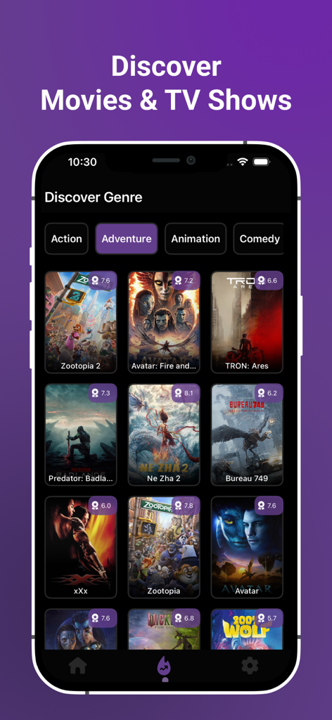 Rodjo mobile app interface showing a discovery screen with movie posters and ratings filtered by the adventure genre