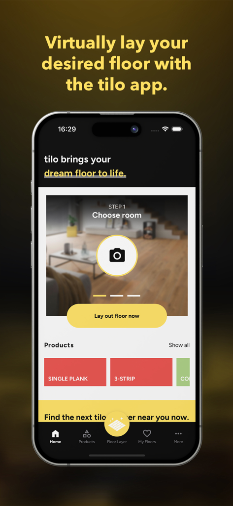 tilo フローリングレイヤーアプリのホーム画面が表示され、仮想部屋のフローリング視覚化用