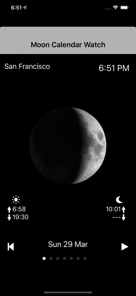 Screenshot of the Moon Calendar Watch app showing moon phase and celestial rise and set times for San Francisco