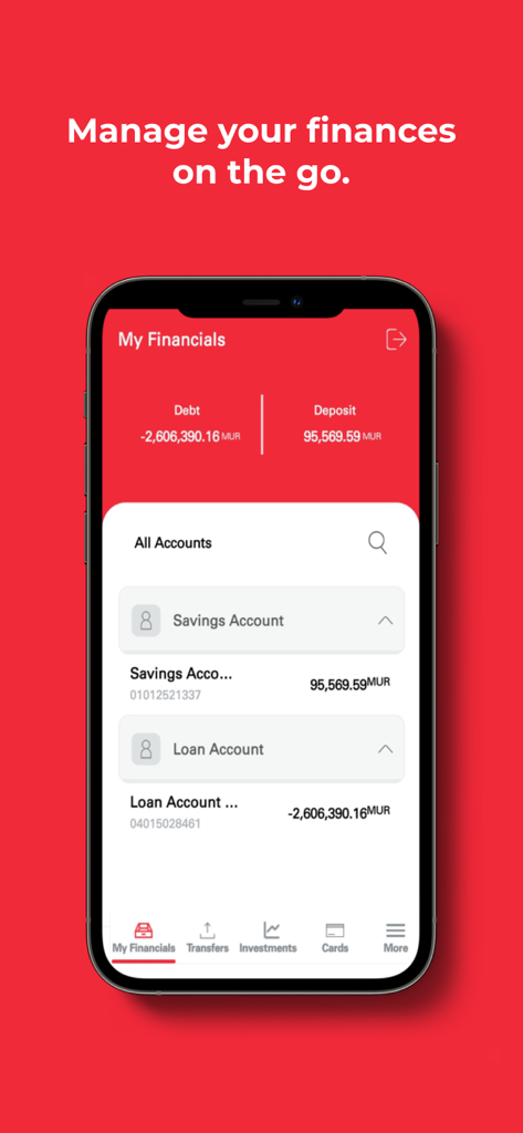 Painel do aplicativo Bank One mostrando saldos de contas de poupança e empréstimos