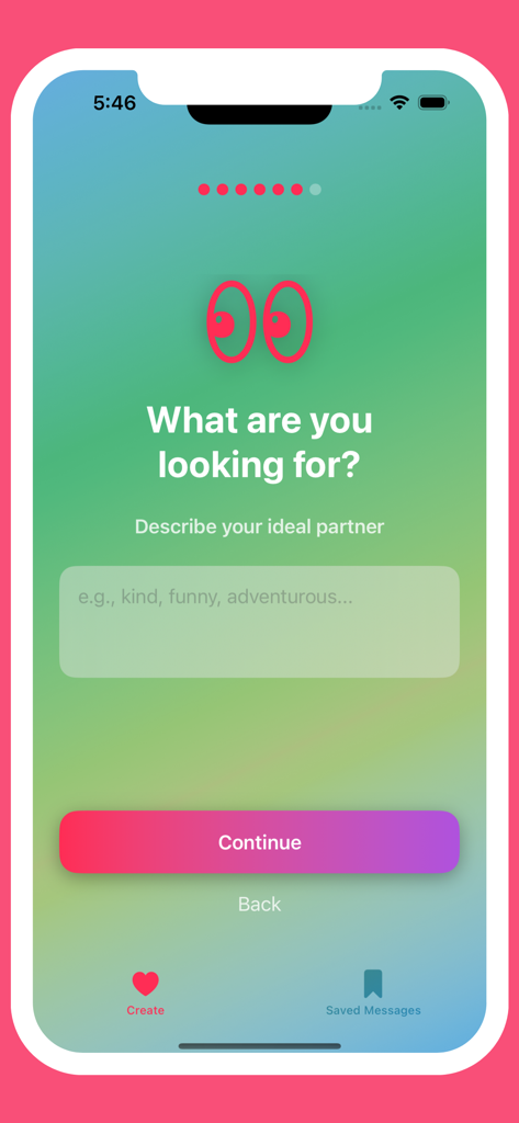 Amuna app screen where users describe their ideal partner's traits to generate a personalized AI voice message.