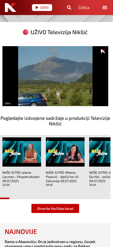 Portal RTNK - Interface de l'application mobile Portal RTNK affichant un flux télévisé en direct et des segments vidéo en vedette comme l'émission du matin Nase Jutro.
