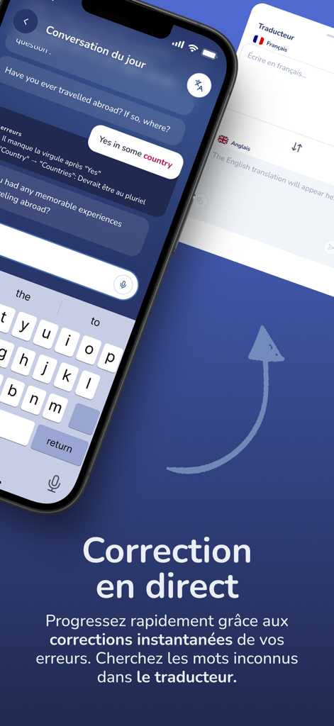 Léa English - Lea English App-Oberfläche, die Live-Grammatikkorrekturen und Übersetzungstools für Französischsprachige anzeigt, die Englisch lernen
