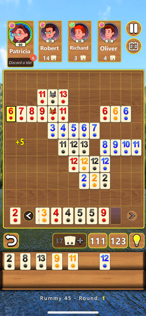 Gameplay of Rummy 45 featuring colored numbered tiles on a wooden board with four character avatars at the top