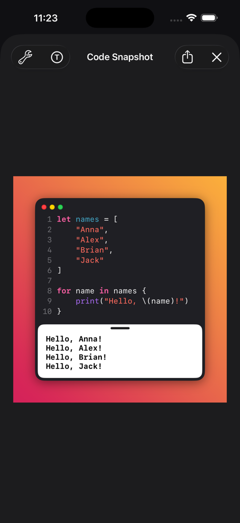 Swifty Compiler: Swift IDE - A stylized code snapshot from the Swifty Compiler app showing Swift code and its output over a vibrant gradient background.