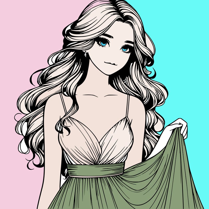 realistic girl in flowy silky prom dress