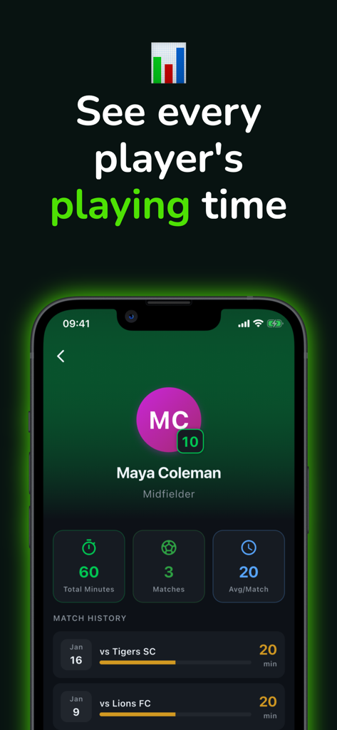 Interface of Koora Live app showing individual player statistics including total minutes and match history.