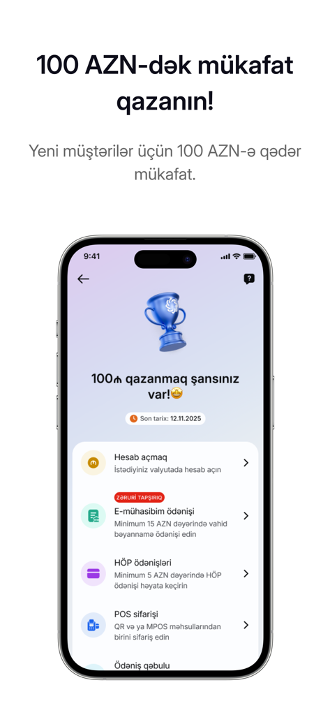 ABB Biz mobile app interface featuring a promotional reward of 100 AZN for new business users