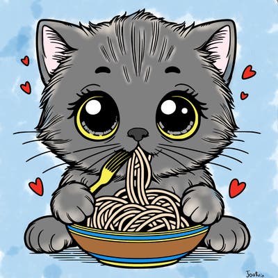 kitten with big eyes and small mouth eating spaghetti
