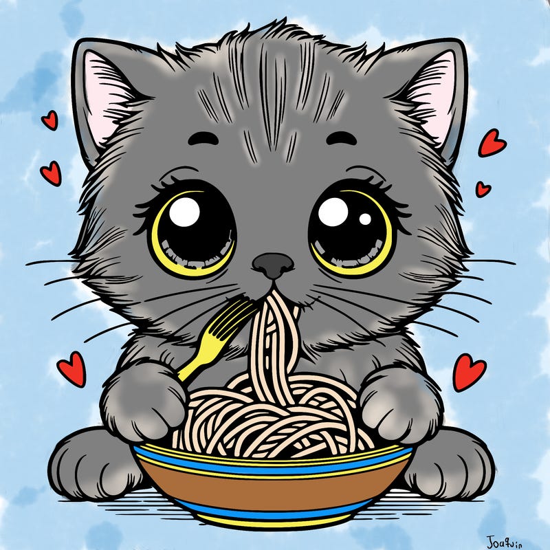 kitten with big eyes and small mouth eating spaghetti
