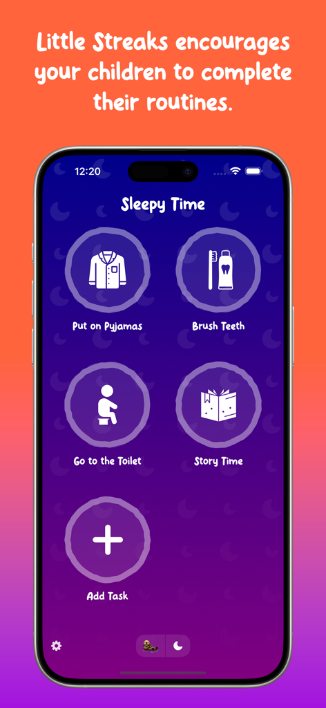 A tela da rotina de Hora de Dormir no app Little Streaks mostrando ícones para tarefas de dormir, como escovar os dentes e colocar o pijama.