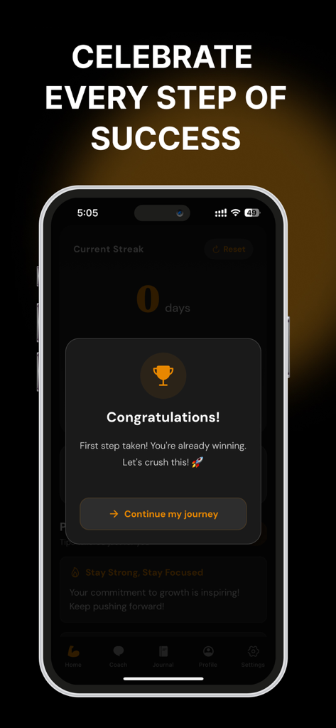Fortify: Quit Porn Addiction - Captura de pantalla de la aplicación Fortify que muestra un mensaje de éxito y un icono de trofeo para celebrar el progreso de la recuperación