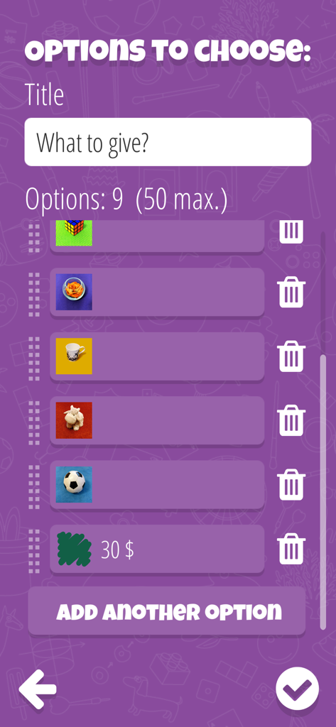 Tela de configuração no aplicativo Roleta de Decisões com uma lista de opções de escolha personalizadas e imagens