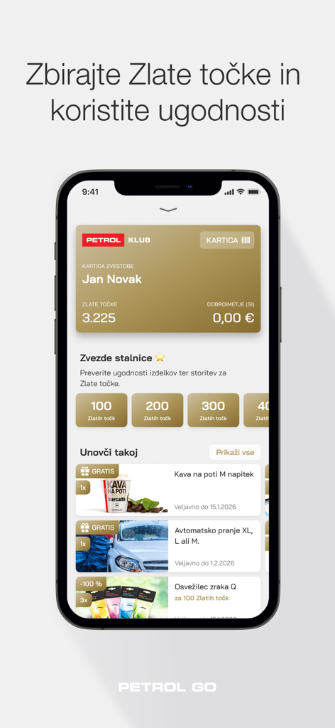 Petrol GO - Aplicación móvil Petrol GO mostrando puntos de tarjeta de lealtad digital y recompensas disponibles para café y lavados de coche