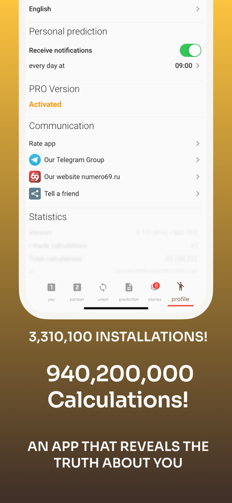 Numerology AI: Only Birthdate - Profile screen of the Numerology AI app showing over 3 million installations and 940 million calculations