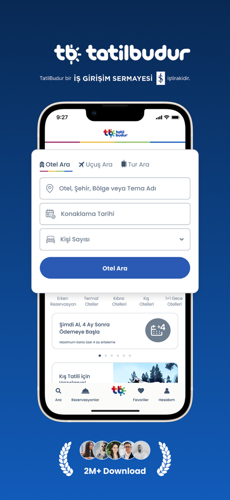 Tatilbudur mobile app home screen with hotel and flight search options for travel in Turkey and Cyprus