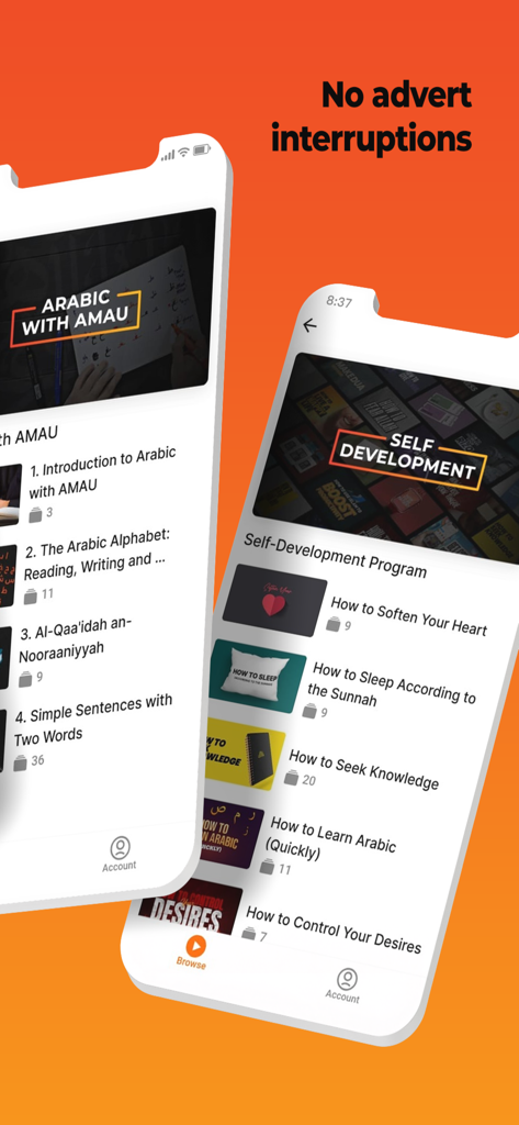 AMAU Academy - AMAU Academy mobile app interface showing Arabic and self-development courses with no advert interruptions.
