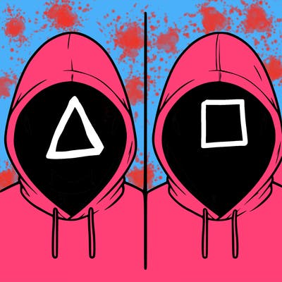 a person with a hoodie and no face, the drawing is split in 2