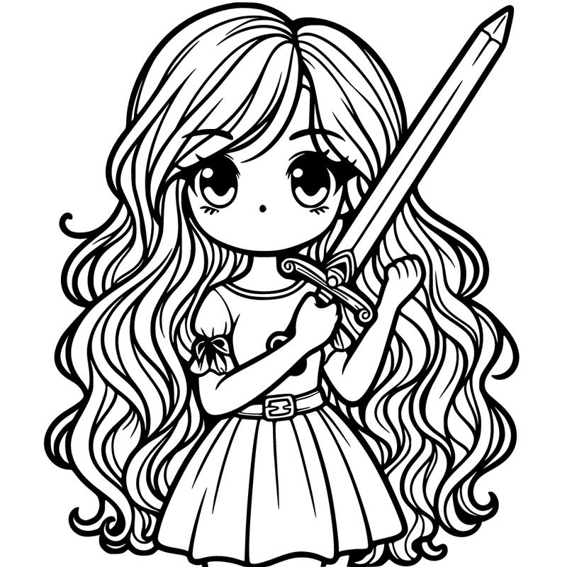 a girl with long curly hair holding a sword