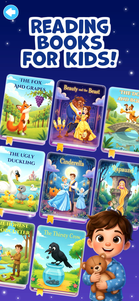 Digitale Bibliothek von Gute-Nacht-Geschichten für Kinder mit Märchen-Buchcovern und einem kleinen Jungen, der einen Teddybären hält