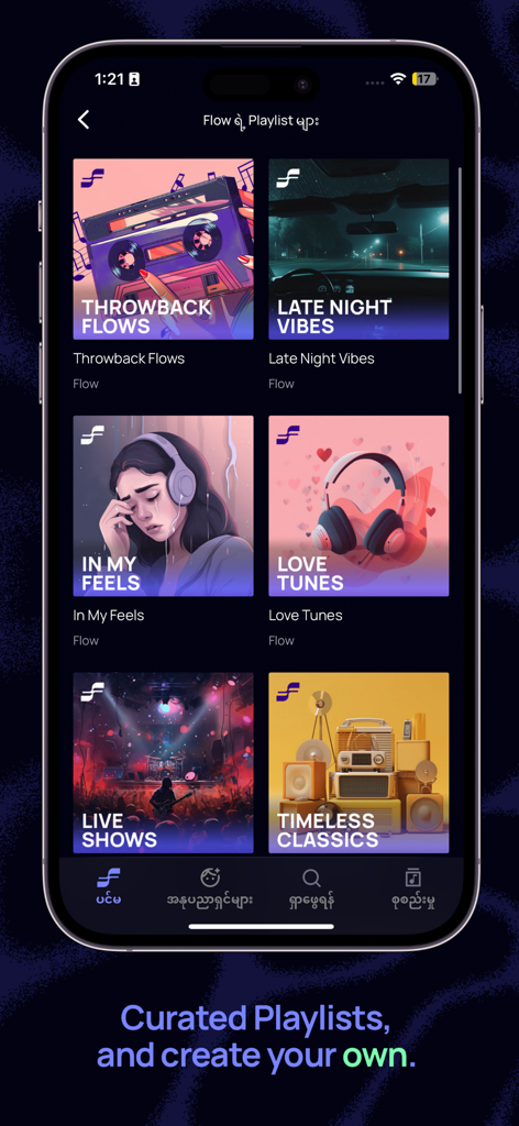 Flow music app interface showing curated Myanmar music playlists like Throwback Flows and Timeless Classics