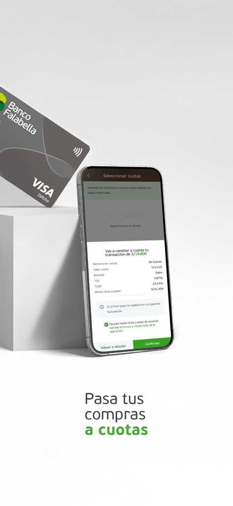 Bildschirm der Banco Falabella Perú App mit Optionen zur Ratenzahlung von Einkäufen neben einer Visa-Debitkarte