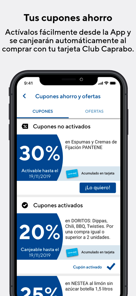 Caprabo - Interfaz de la app móvil Caprabo mostrando una lista de cupones de descuento digitales para compras de supermercado