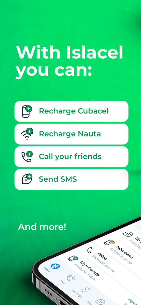 Islacel app screen listing features like Recharge Cubacel, Recharge Nauta, Call friends, and Send SMS