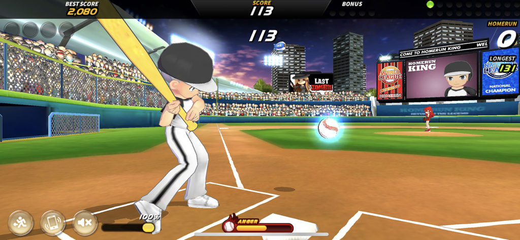 Homerun King™ - Baseball Star - Arcade baseball player at bat in a stadium during a home run competition.