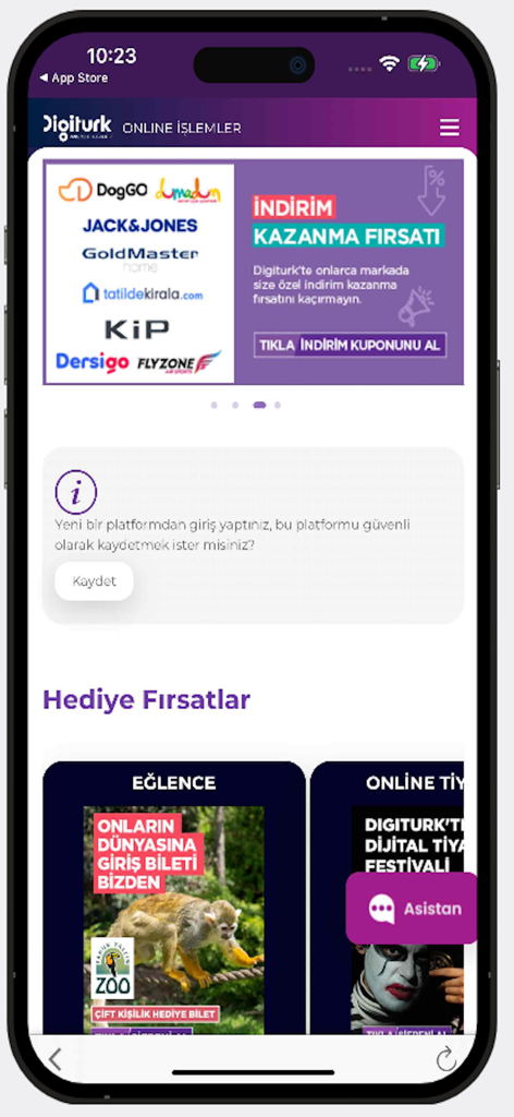 Digiturk Online İşlemler - Tela inicial do aplicativo Digiturk Online Isler mostrando oportunidades de presentes e botão de assistente de cliente