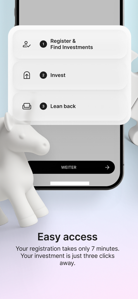 NAO Co-Investment - NAO app screen showing a three-step investment process and easy seven-minute registration.