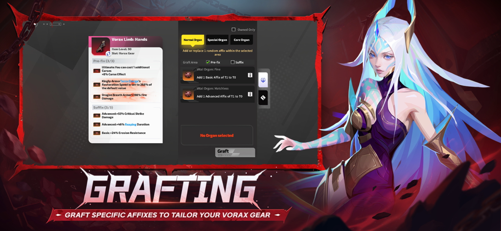 Torchlight Infinite grafting menu for tailoring Vorax gear with specific affixes