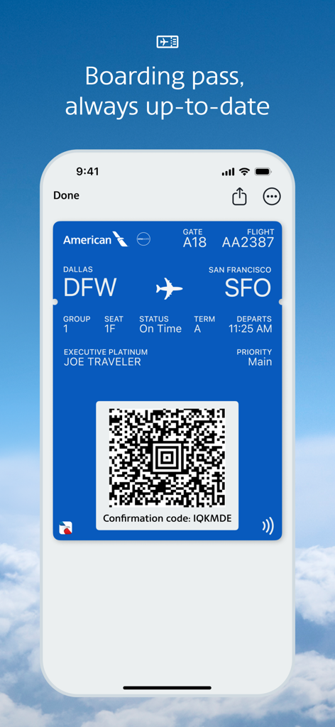 Digital boarding pass on the American Airlines mobile app showing flight information and QR code