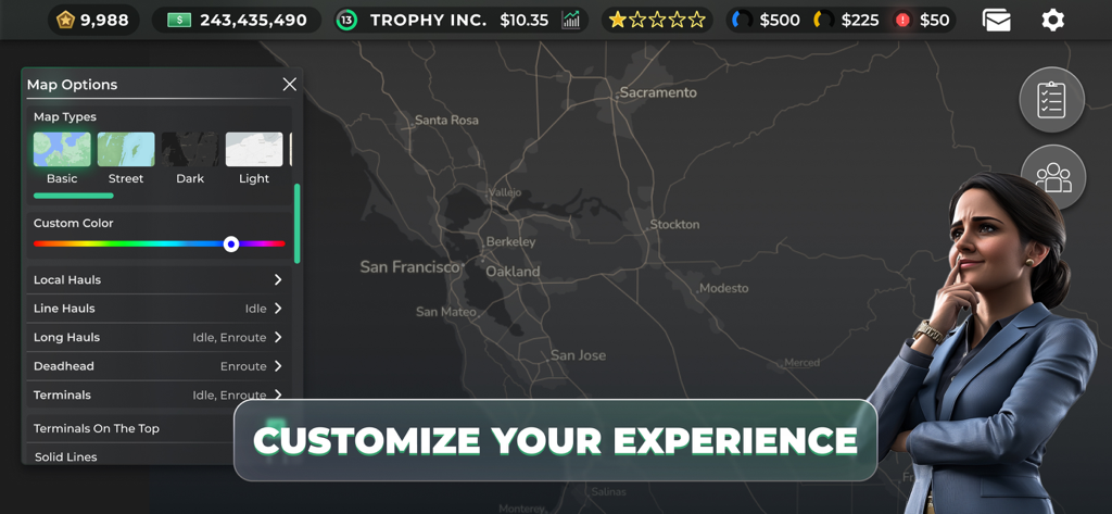 Un menú en Truck Manager 2026 que permite a los jugadores personalizar estilos y colores del mapa sobre una vista satelital de San Francisco