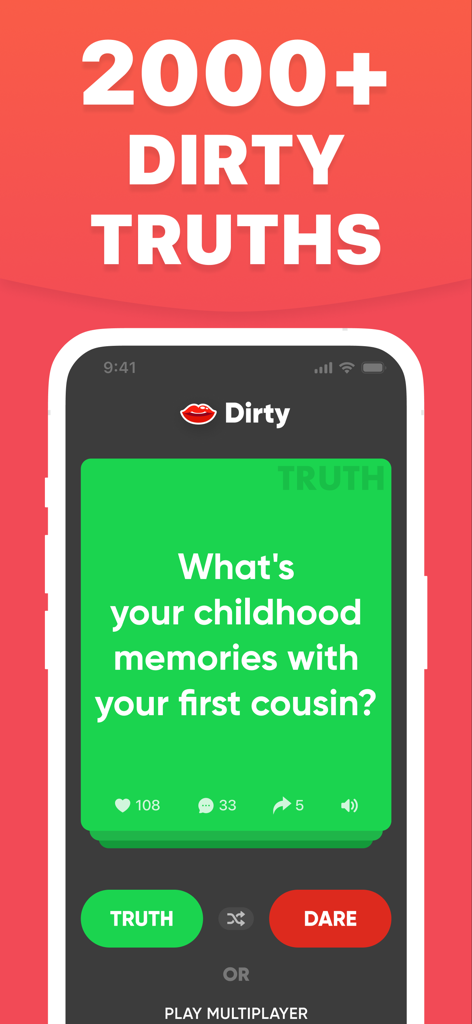 Truth or Dare Teen Party Games - Truth or Dare mobile game screen showing a dirty truth question for parties