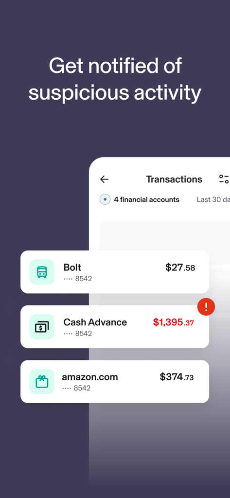 Identity Guard App-Bildschirm mit Transaktionsüberwachung und Warnungen für verdächtige Finanzaktivitäten