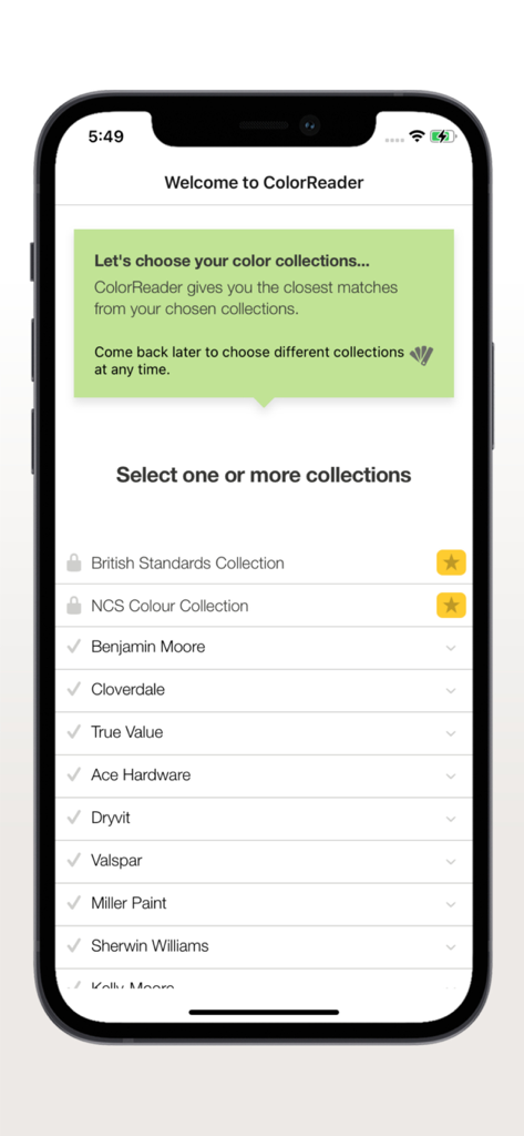 Datacolor ColorReader - Interface of the Datacolor ColorReader app showing a list of selectable paint brand collections like Sherwin Williams and Benjamin Moore.