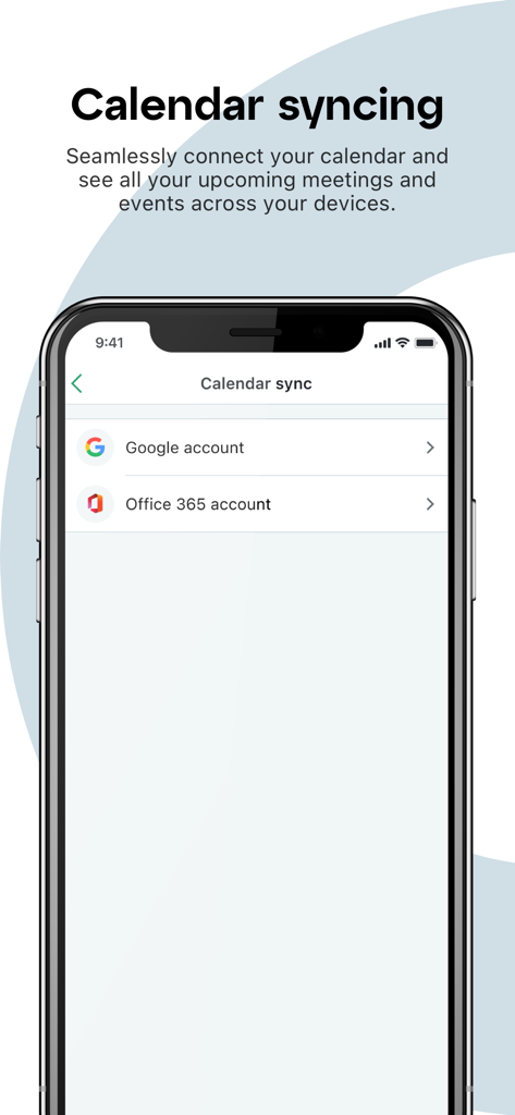Écran de synchronisation du calendrier de l'application GoTo montrant les options pour connecter les comptes Google et Office 365