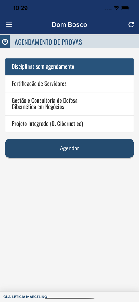 Unidombosco app screen for scheduling exams showing a list of academic subjects for a student.