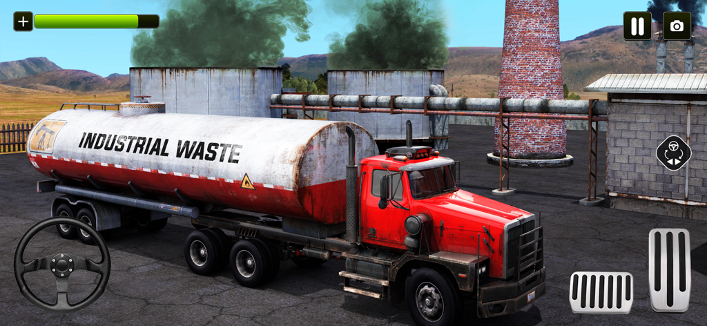 A red industrial waste tanker truck in a driving simulation game setting