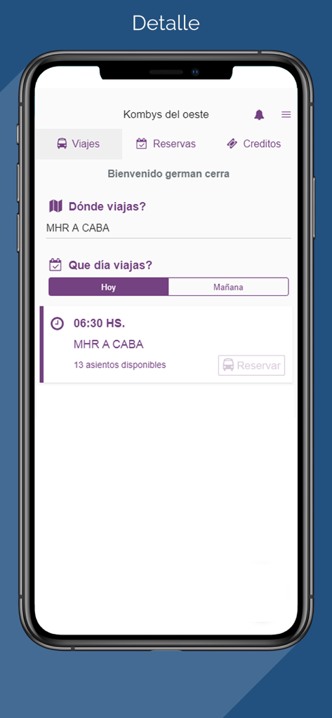Kombys del Oeste mobile app interface showing trip details and available seats for booking