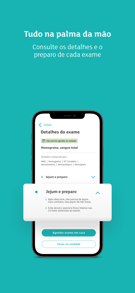 Weinmann Serdil - Tela do aplicativo móvel Weinmann Serdil mostrando instruções para preparo de exames médicos e opções de agendamento.