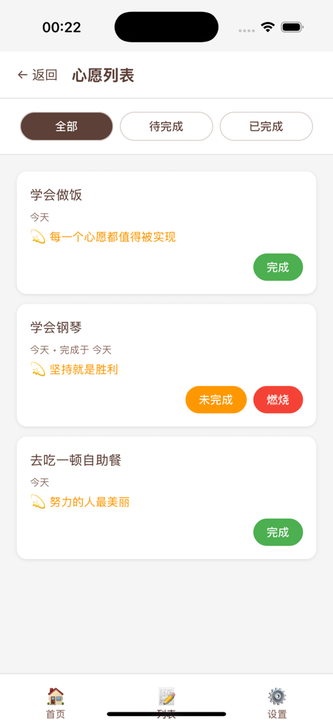 A minimalist wish list interface in the Tiny Ripples Between Paper app showing personal goals with completion and ritual burning options.