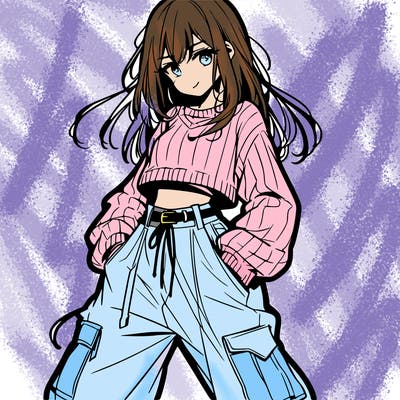anime teen girl with baggy pants and crop top with sweater
