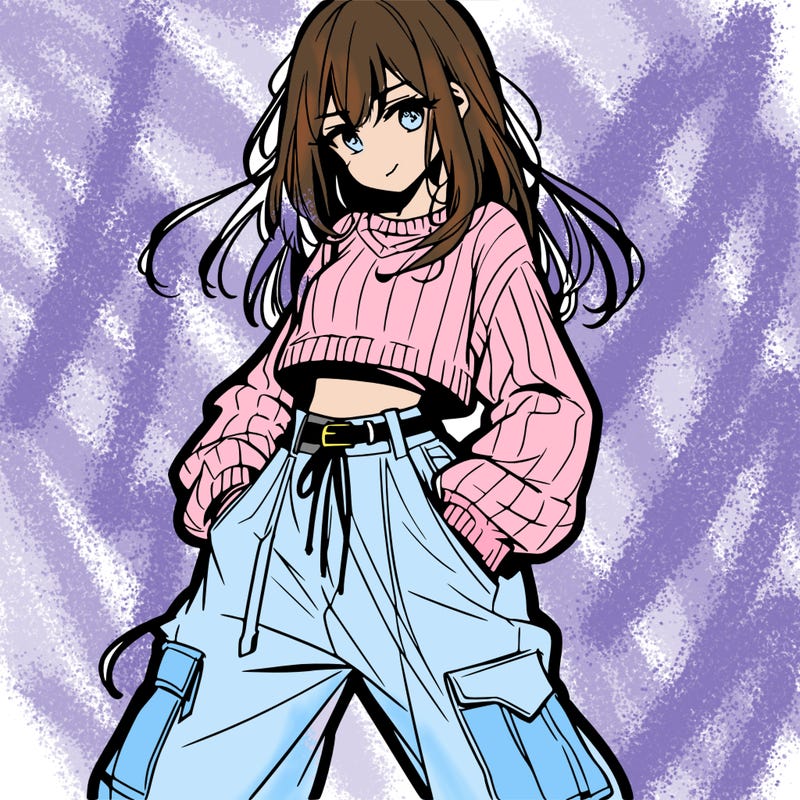 anime teen girl with baggy pants and crop top with sweater