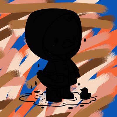 baby duck in a rain coat and boots, in a puddle while it’s raining