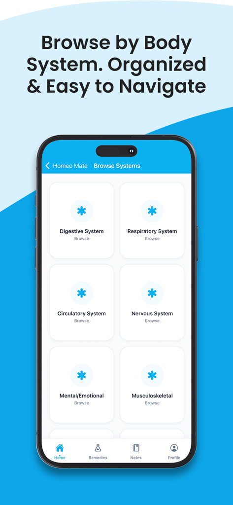 Interfaz de la aplicación móvil HomeoMate que muestra opciones para buscar remedios homeopáticos por sistemas del cuerpo como digestivo y respiratorio