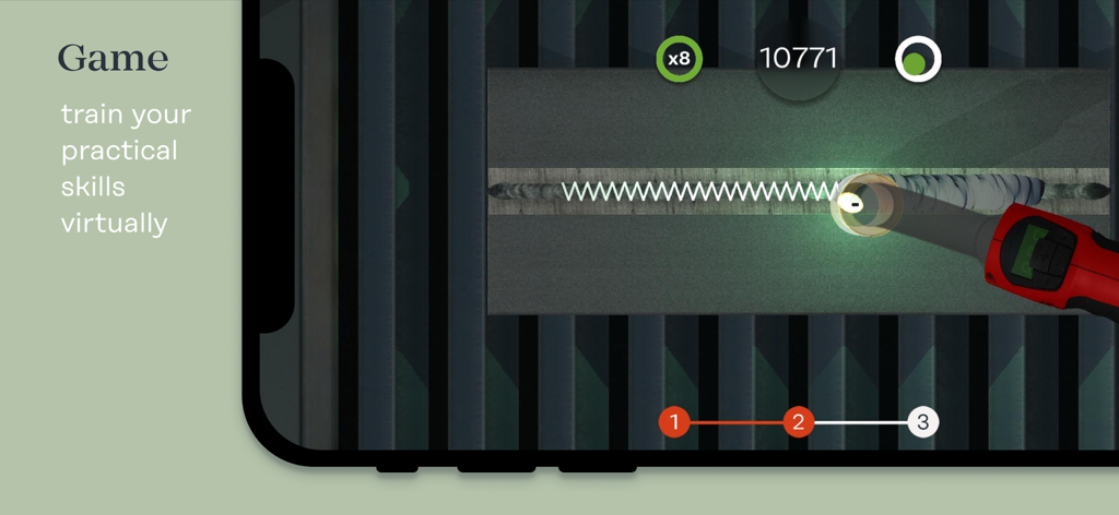 Gameplay dell'app Welducation Basic che mostra l'allenamento di saldatura virtuale su un dispositivo mobile.