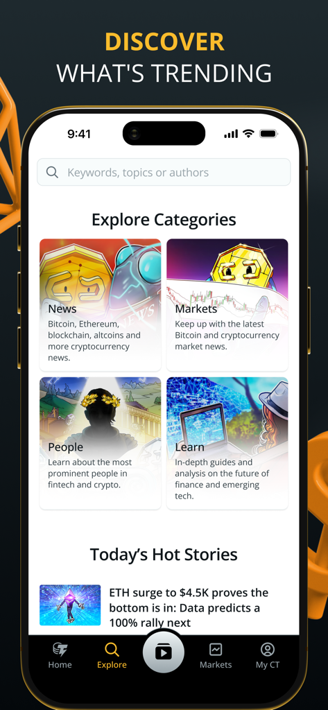 La pantalla Explorar de la aplicación Cointelegraph que muestra categorías de noticias cripto e historias de mercado de tendencia.