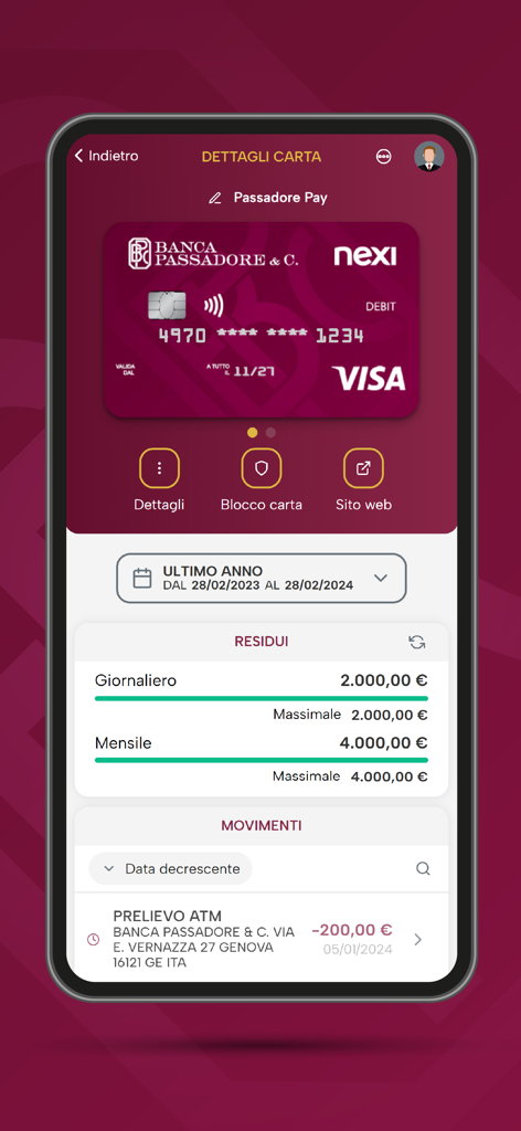 MB+ - MB plus Banca Passadore mobile app interface displaying Visa Debit card details and transaction history